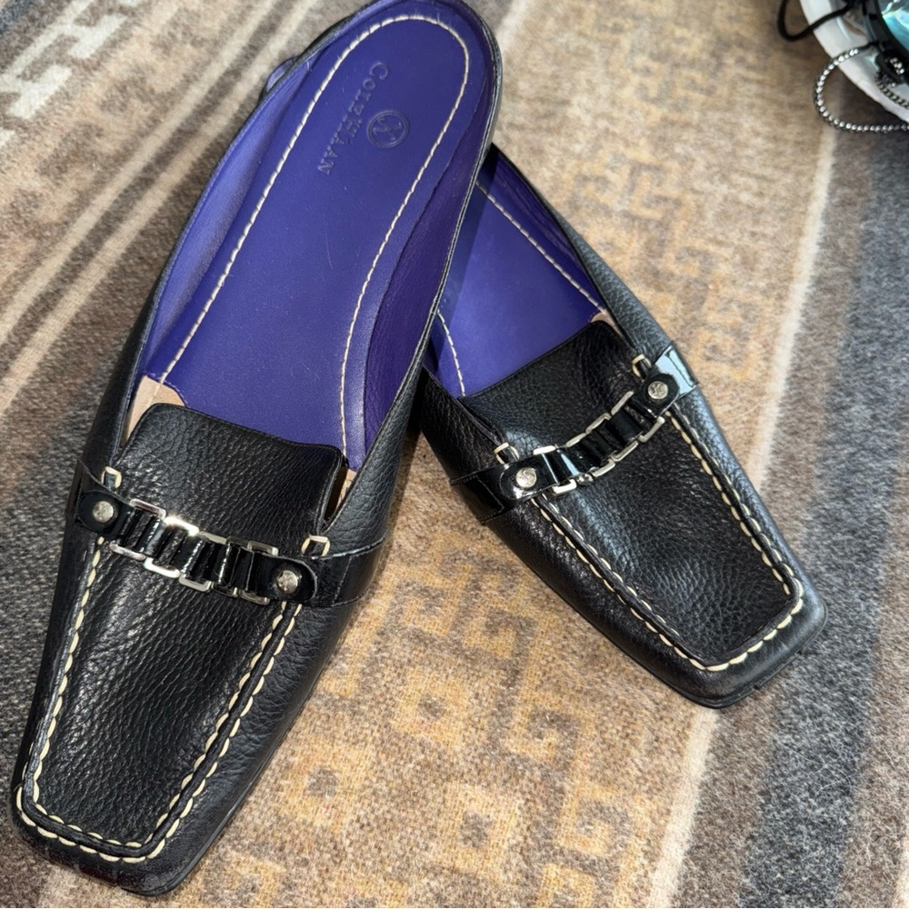 Cole Haan Black Leather Women’s Mules/Slides with Silver Tone Detail